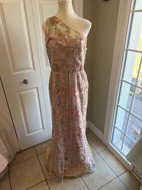 Dessy Collection One-Shoulder Suede Rose Floral Embroidered Gown